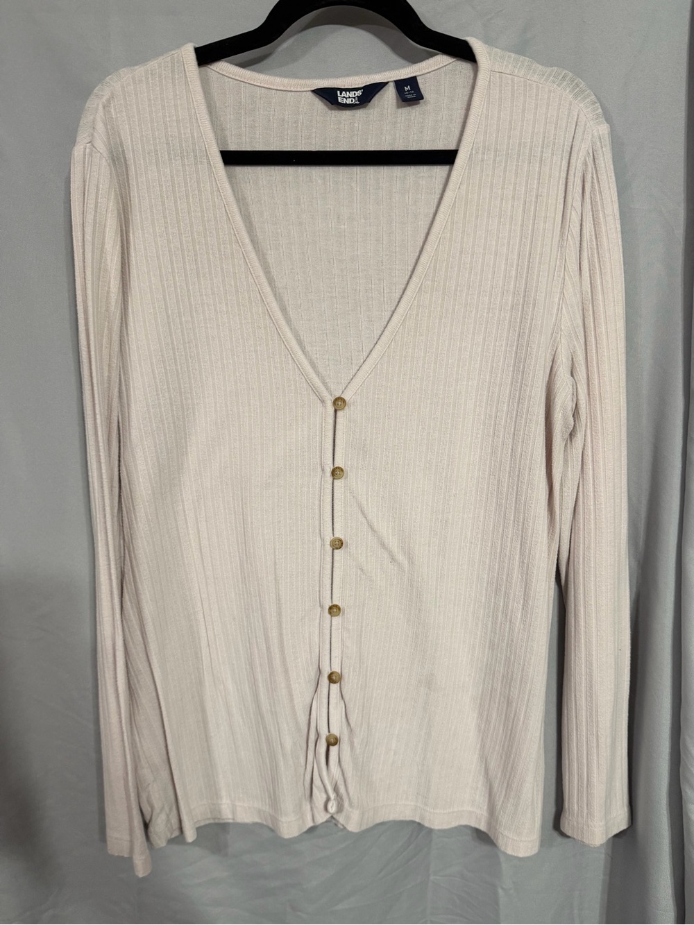 Lands' End Cream Ribbed V-Neck Button Top